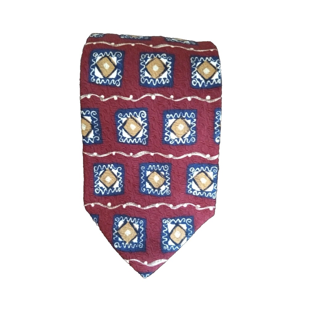 Lands' End 100% Silk Tie Mens Geometric Handsewn Rust & Navy 3.75"W x 58"L USA
